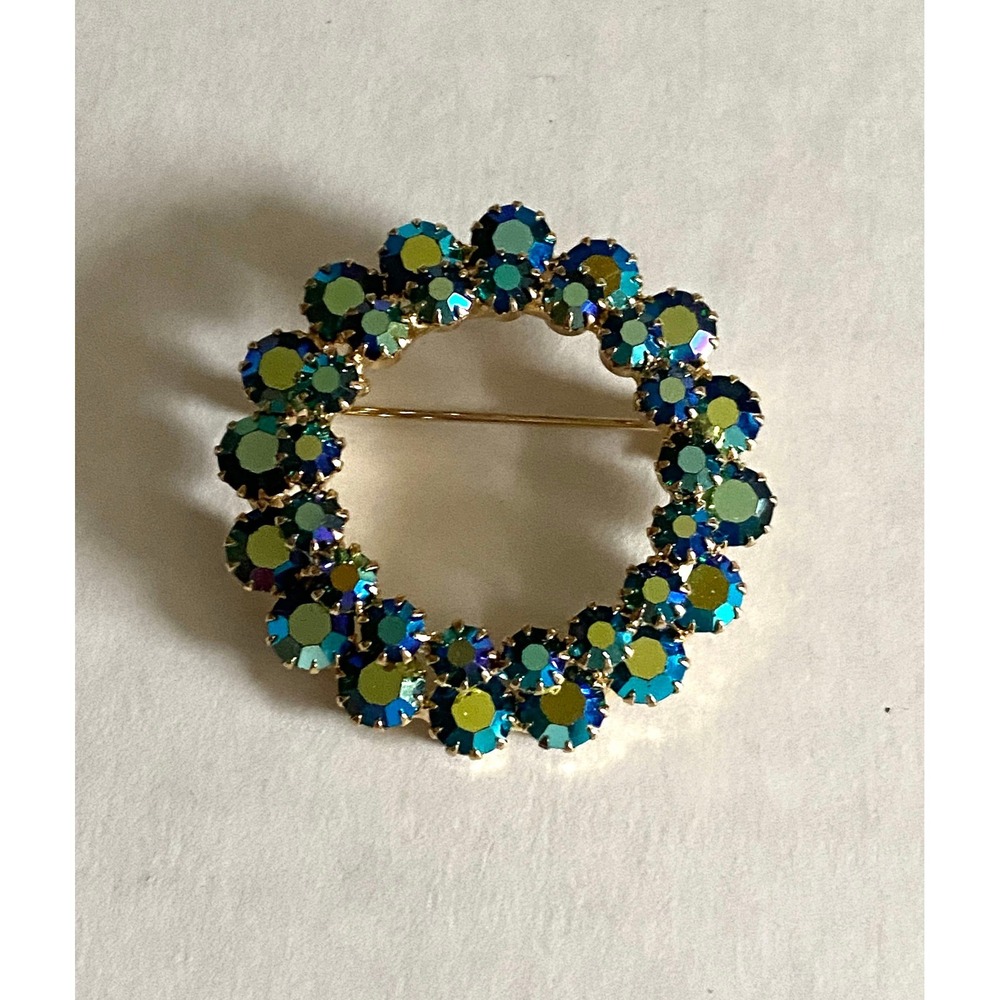 Vintage Circle Pin Gold Tone w/ Blue Aurora Borealis Rhinestones